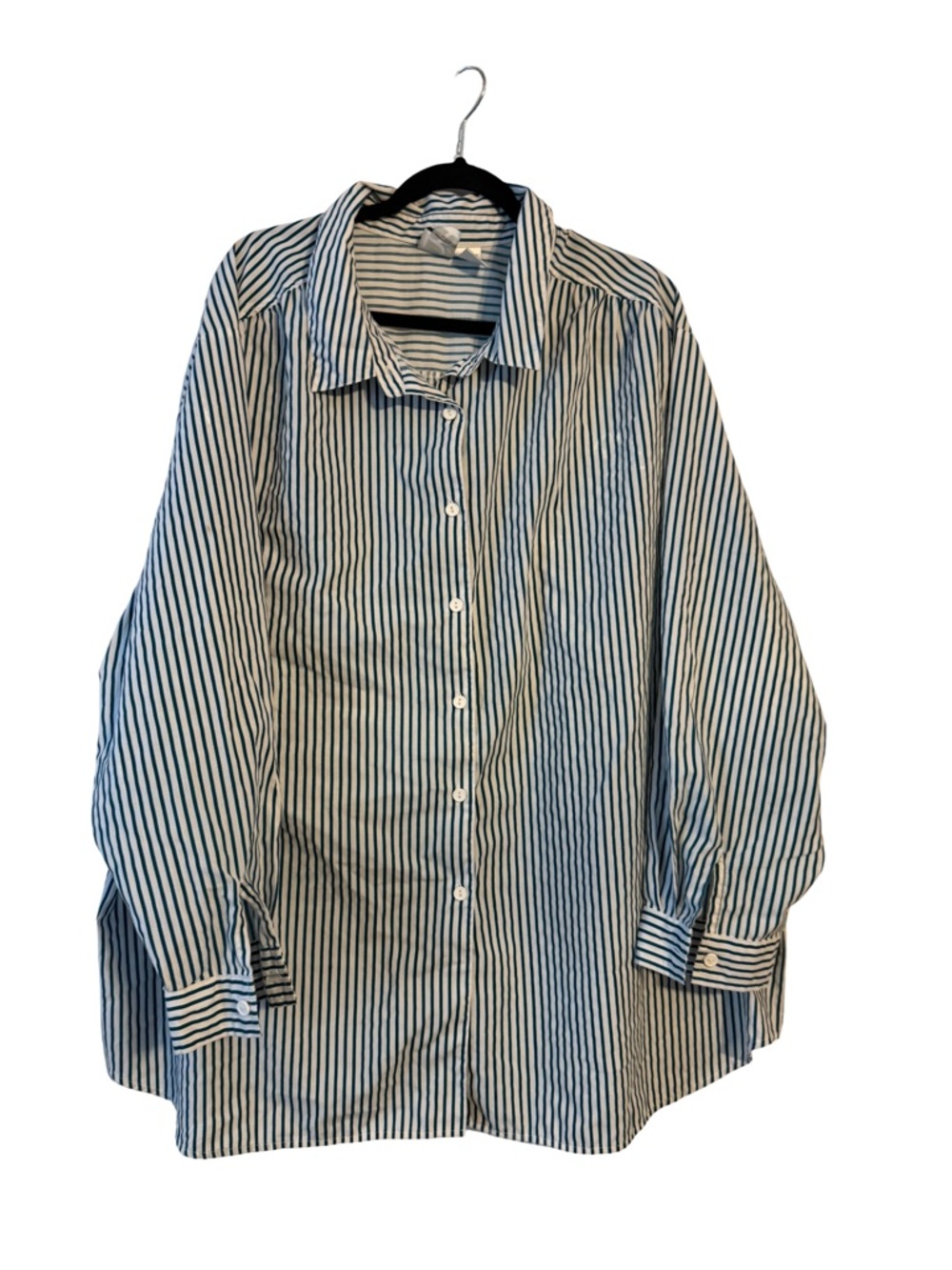 Roaman's Green and White Striped Button-Up Dress Shirt